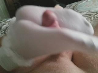 Wifey gives feetjob in milky frilly ankle socks